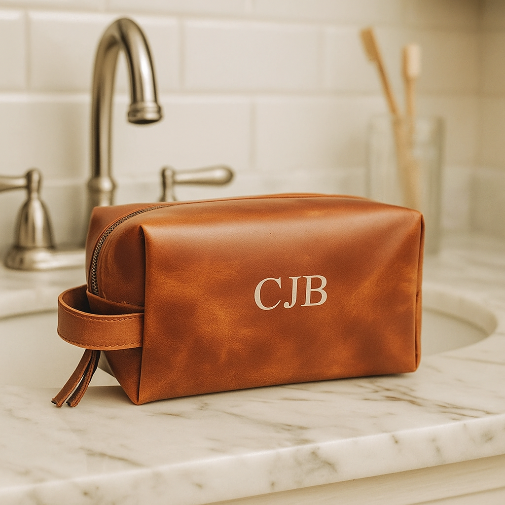 An application scenario or product detail of custom leather dopp kit - Image 22