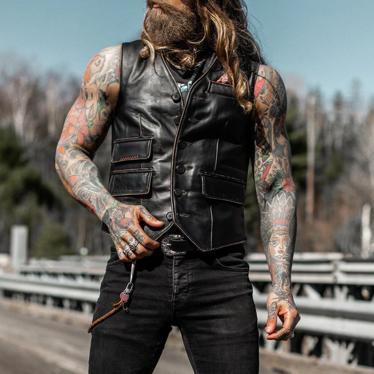 An application scenario or product detail of custom leather motorcycle vest - Image 9