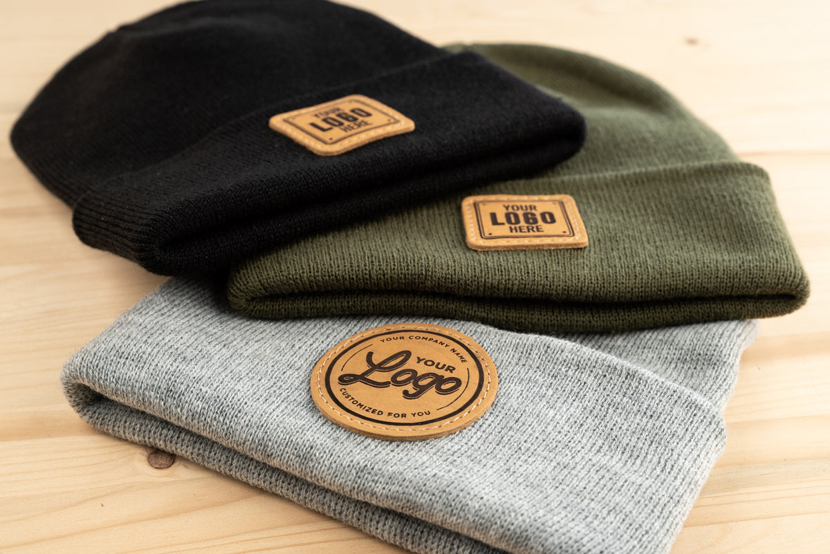 An application scenario or product detail of custom leather patch beanie - Image 1