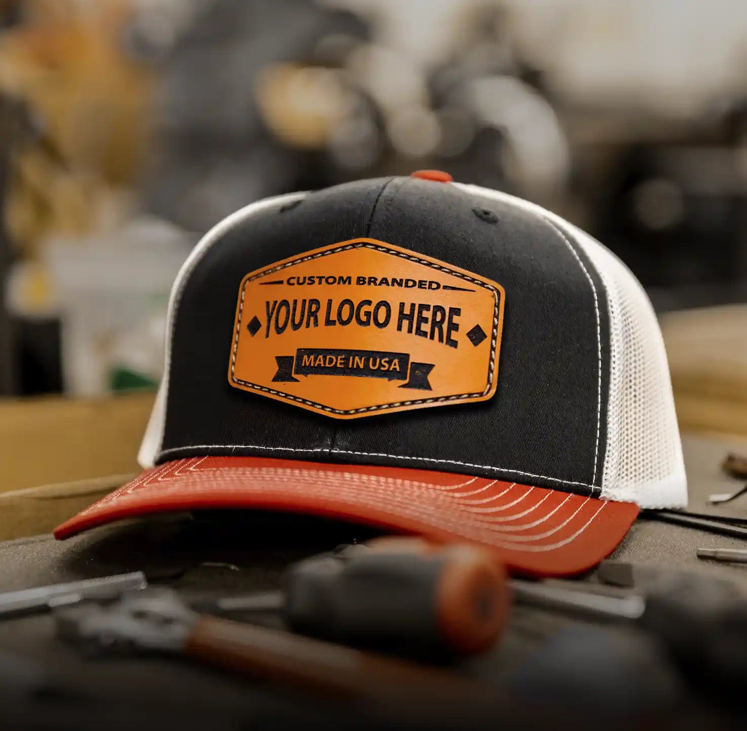 An application scenario or product detail of custom leather patch hats no minimum - Image 1