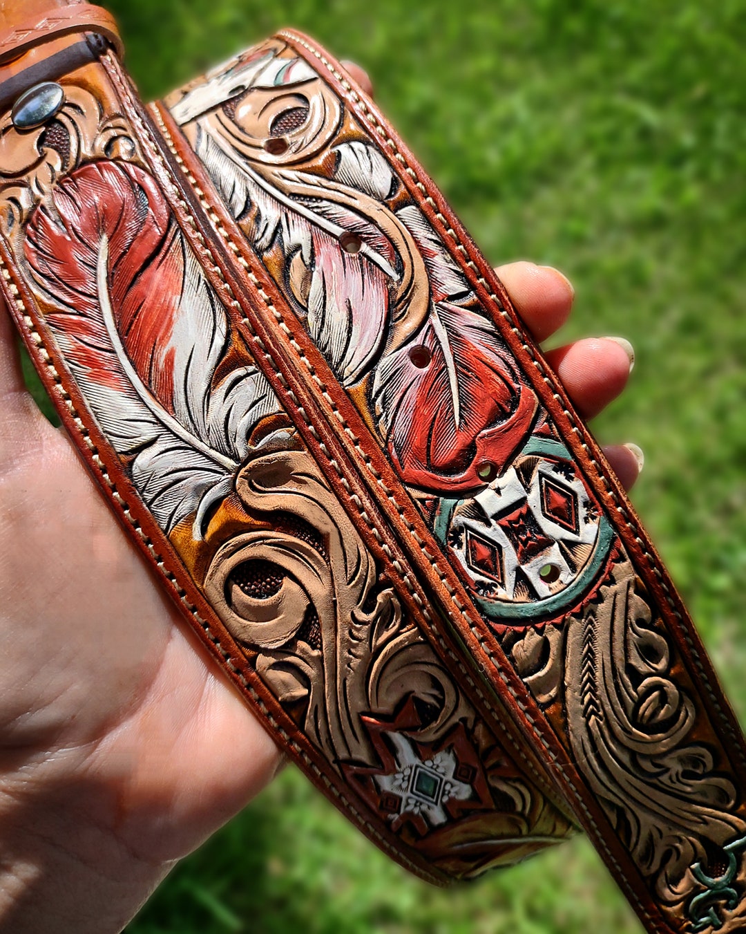 An application scenario or product detail of custom tooled leather belts - Image 12