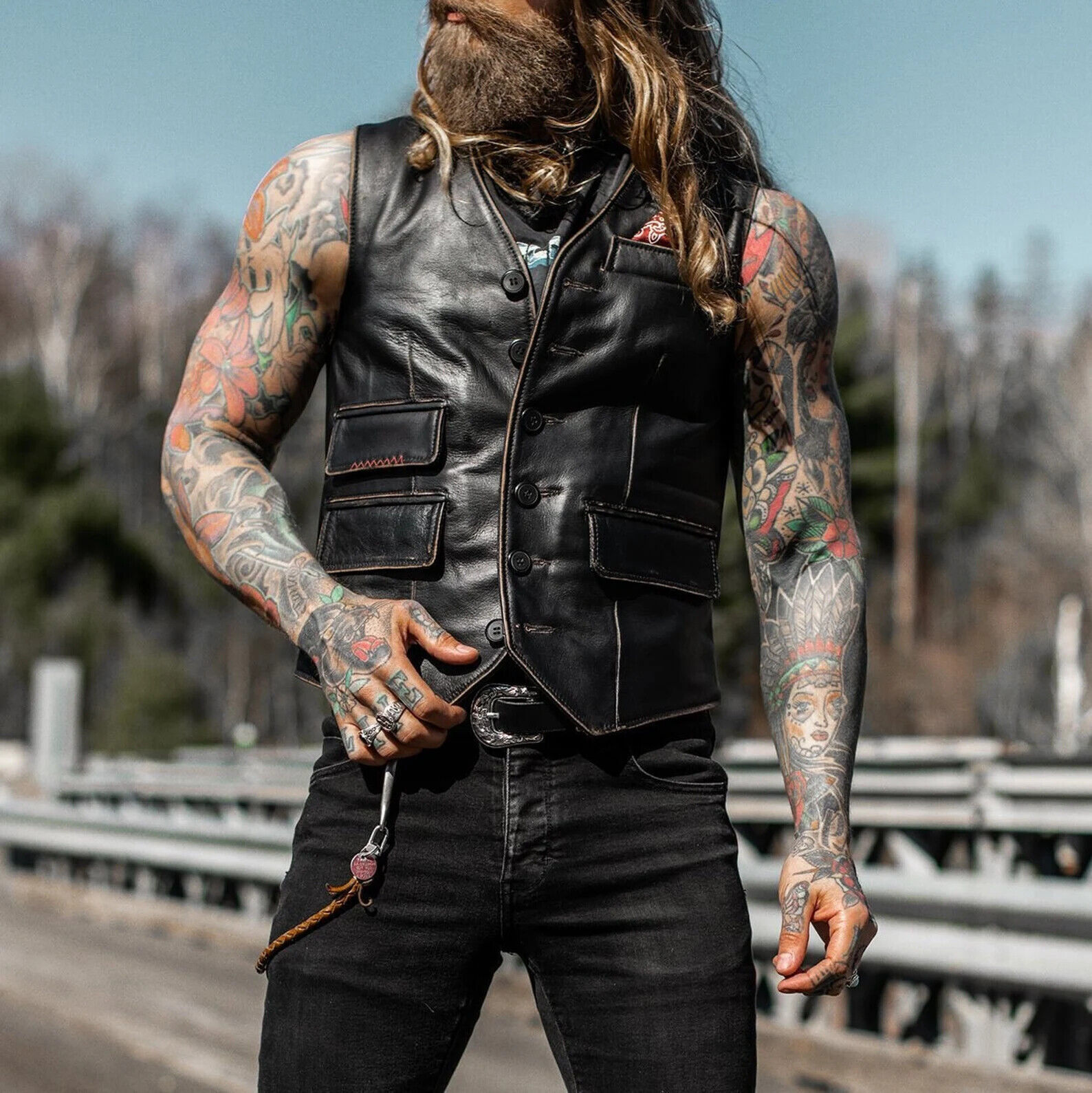 An application scenario or product detail of custom leather biker vest - Image 1