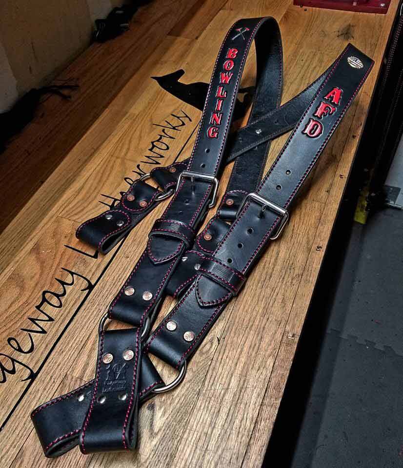 An application scenario or product detail of custom leather firefighter suspenders - Image 3