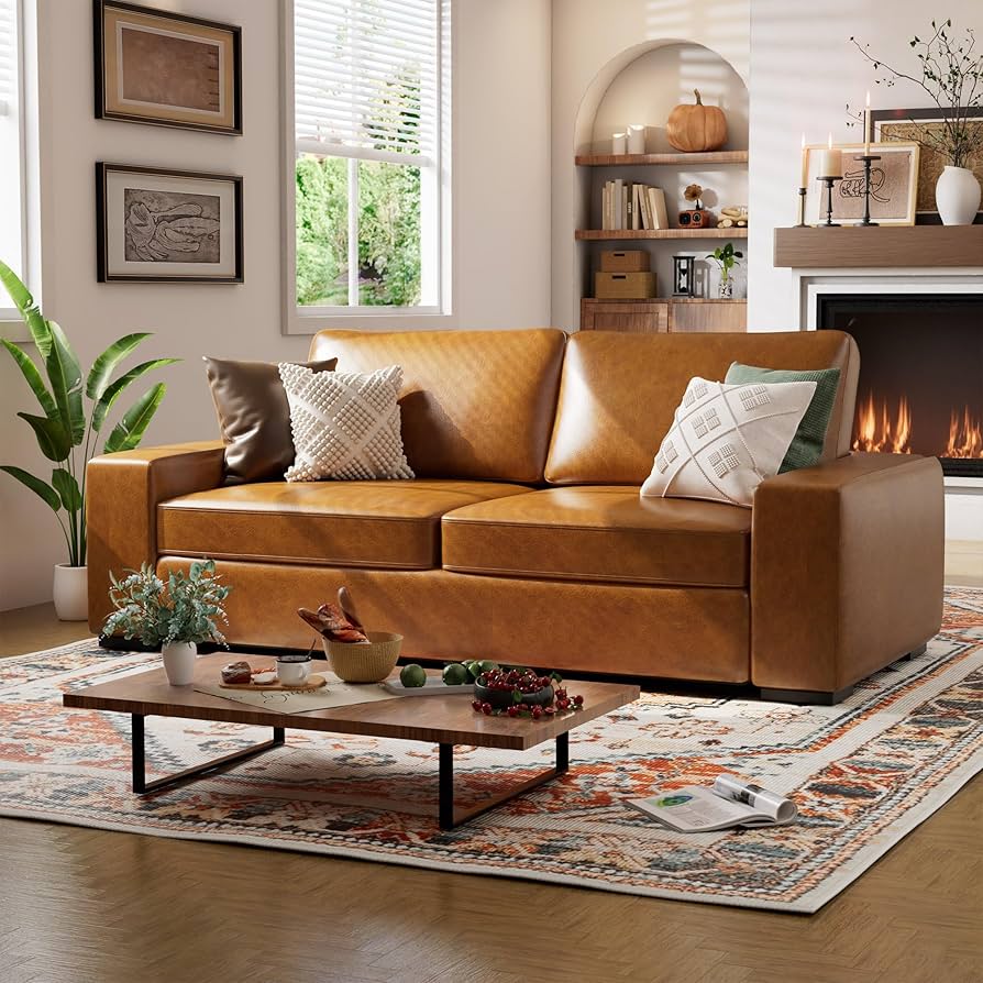 An application scenario or product detail of leather couch with fabric cushions - Image 1