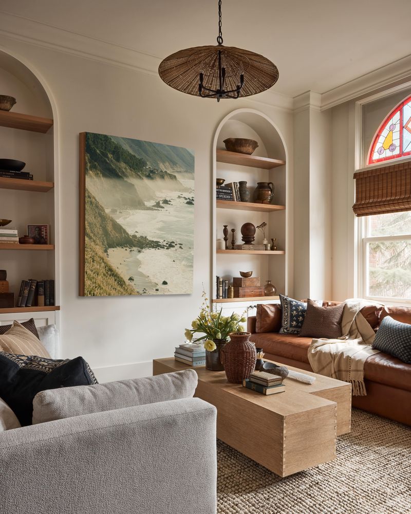 An application scenario or product detail of mixing leather and fabric couches - Image 1