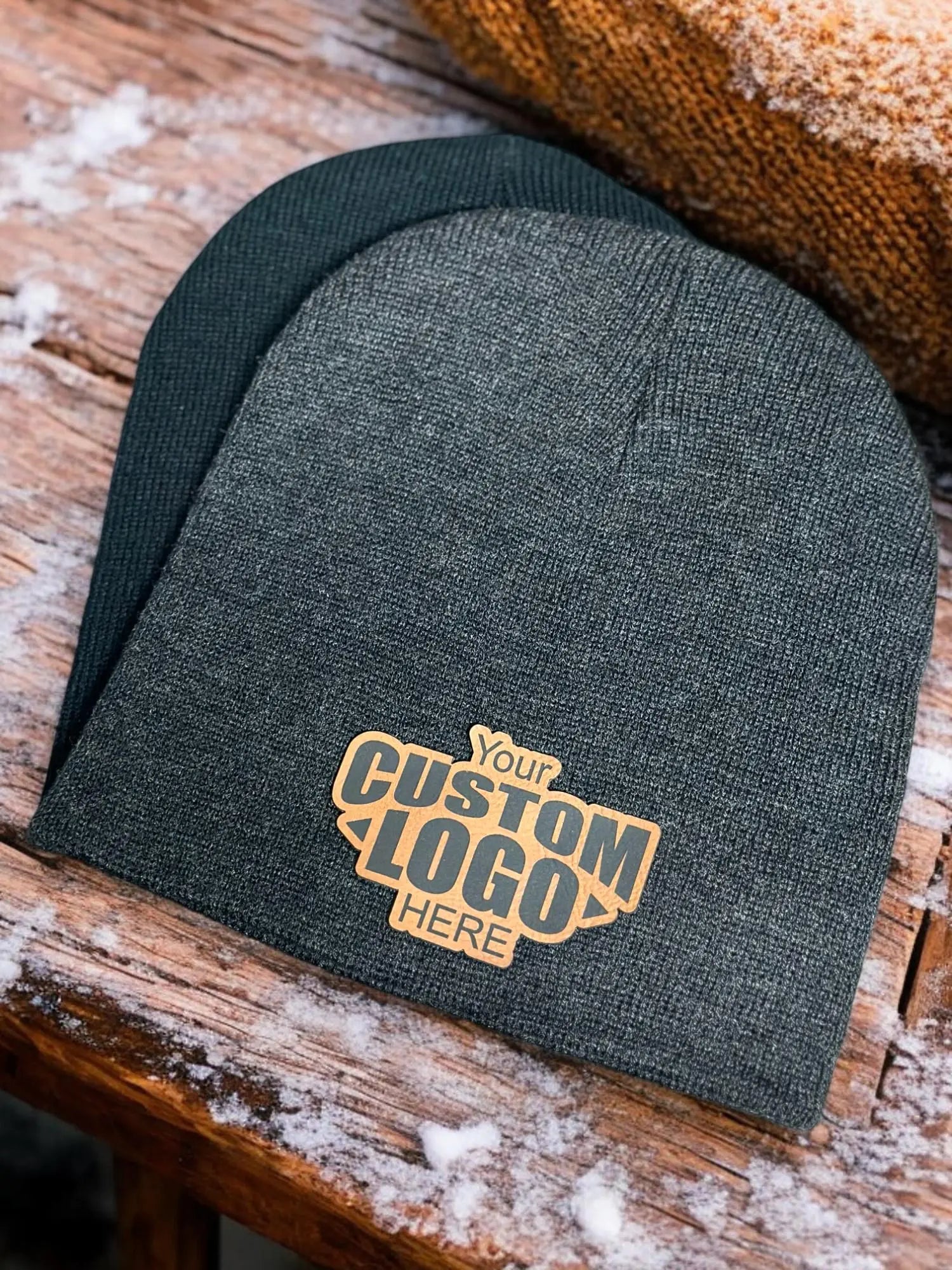 custom leather patch beanie