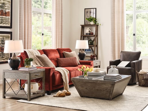 mixing leather and fabric furniture in living room